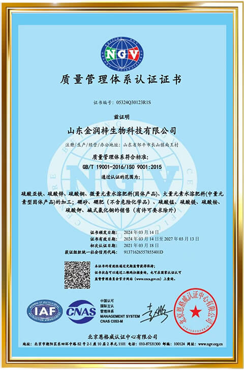 质量管理体系认证证书